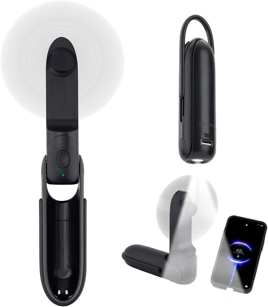 Digibond Handheld Mini Fan Rechargeable Battery Powered 3000mAh 6in1 Bullet Shape Portable Personal Fan 3 Speed with Flashlight (Black)
