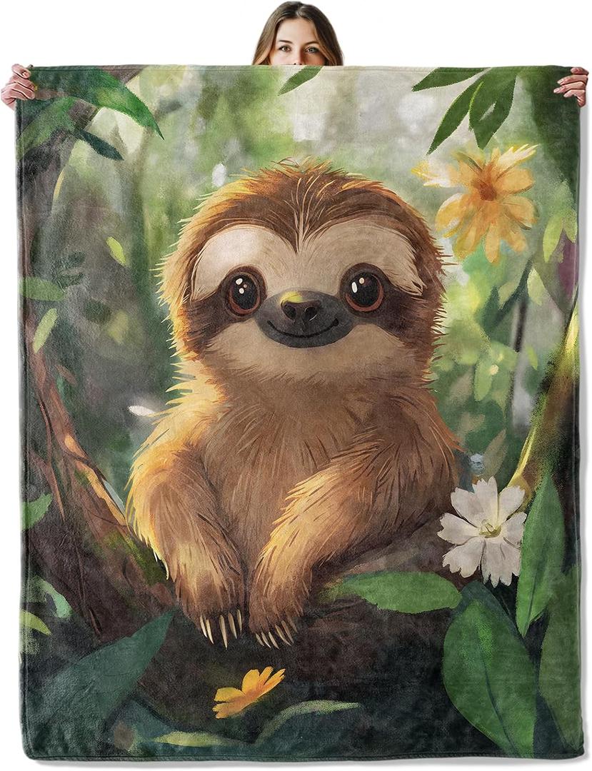 Sloth Throw Blanket for Girls Boys Kids Adults, 50x60 in, Cozy Flannel Blanket for Bedroom, Camping, Couch, Room Decor, Fuzzy Warm Soft Gifts