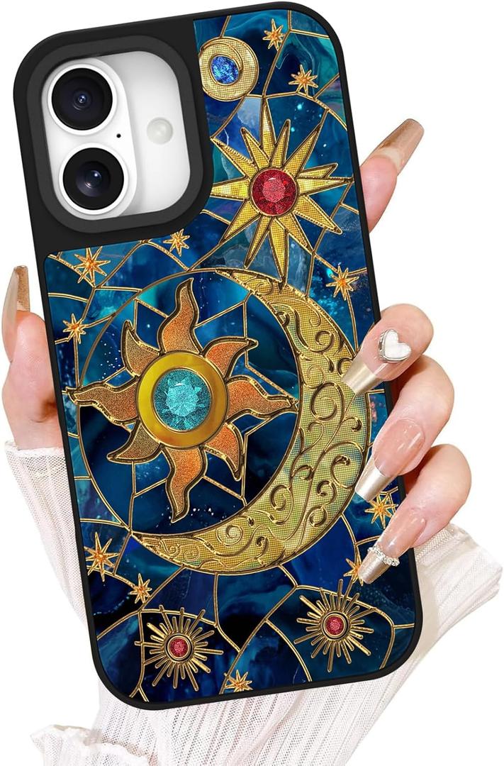 Fiyart Designed for iPhone 16 Plus Case,Cute 3D Glossy Sun Moon for Women Girls Hard Shell Durable Shockproof Luxury Aesthetic TPU Phone Bumper 6.7"-Celestial Glass