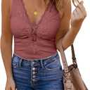 Womens Lace Patchwork Sexy Deep V Neck Knitted Vests Summer Camis Tank Tops (Large, Dark Pink)
