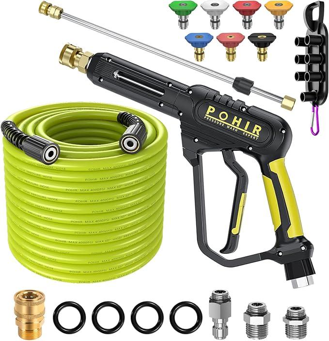 POHIR Pressure Washer Gun and Hose 3600 PSI, Pressure Washer Hose 50ft and Gun, 3/8" Quick Connect Swivel, M22 15mm/14mm Fittings, 30" Extension Wand & 7 Nozzle Tips - for Home & Outdoor Cleaning