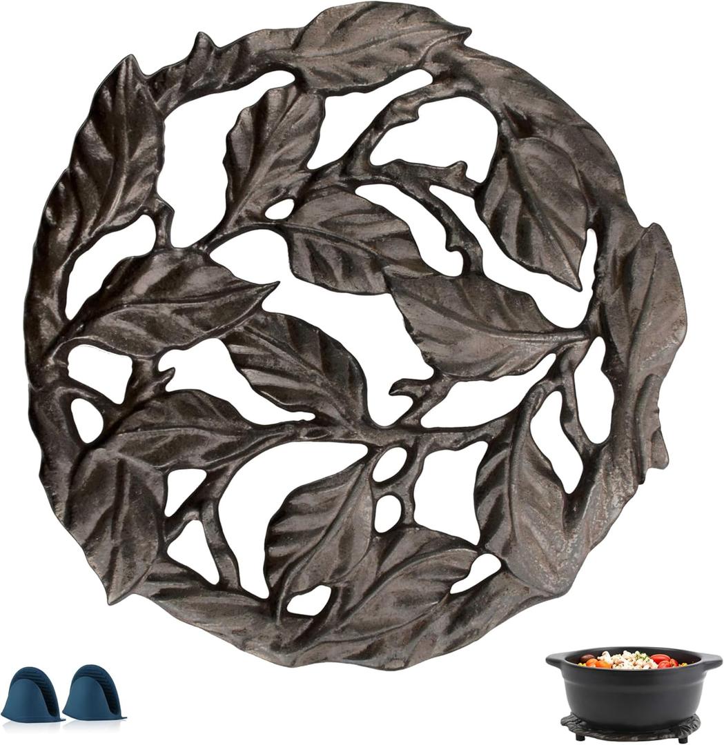 Cast Iron Trivet, 7.28 inch Metal Trivet for Hot Dishes, Heat-Resistant Decorative Trivets to Protect Dining Countertop or Kitchen Decoration with 2 Silicone Mini Pinch Mitts (Leaves)