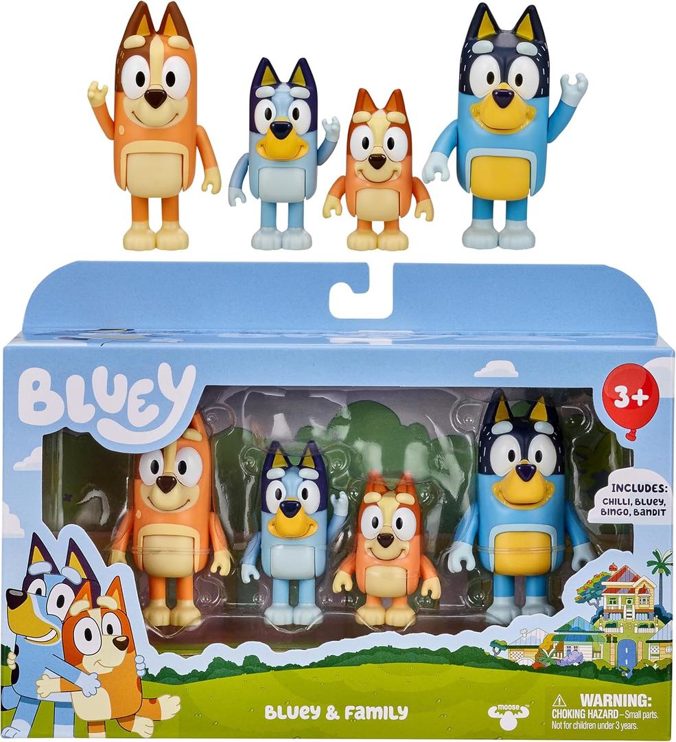 Bluey Family Figure Pack of 4, Robust Poseable Character Toys with Bingo, Chilli, and Bandit Figures, Toddler-Sized Animal Figurines for Kids Ages 3+