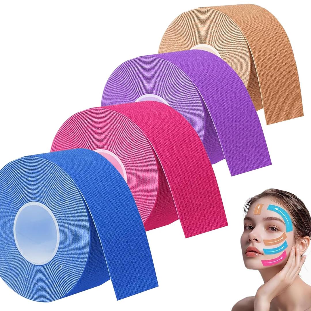 Anti-Wrinkle Face Tape, 4 Rolls Facial Myofascial Lift Tape for Skin Firming, Toning & Tightening | Face Lift Tape for Neck & Forehead Smooths Wrinkles, Lifts Skin Anti-Aging Face Toning Belts|4 Colors