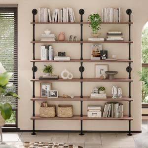 Industrial Pipe Bookshelf, Wall Mounted Shelf, 70 Inch, Weathered Brown