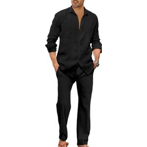 Ryannology Men 2 Piece Linen Set Outfits Drawstring Long Pants Button Down Roll Up Sleeve Shirts Beach Wedding Suit Sets (X-Large, Black)