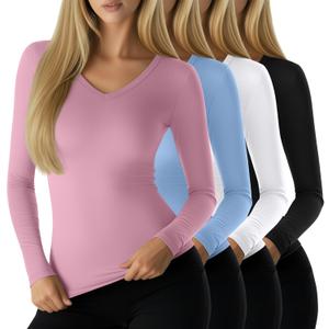 Neer 4 Pack Women's Workout Tops Long Sleeve Compression Shirt Athletic Tight V Neck T Shirt Gym Yoga Running Lightweight Tee(Pink, Blue, White, Black, XX-Large)