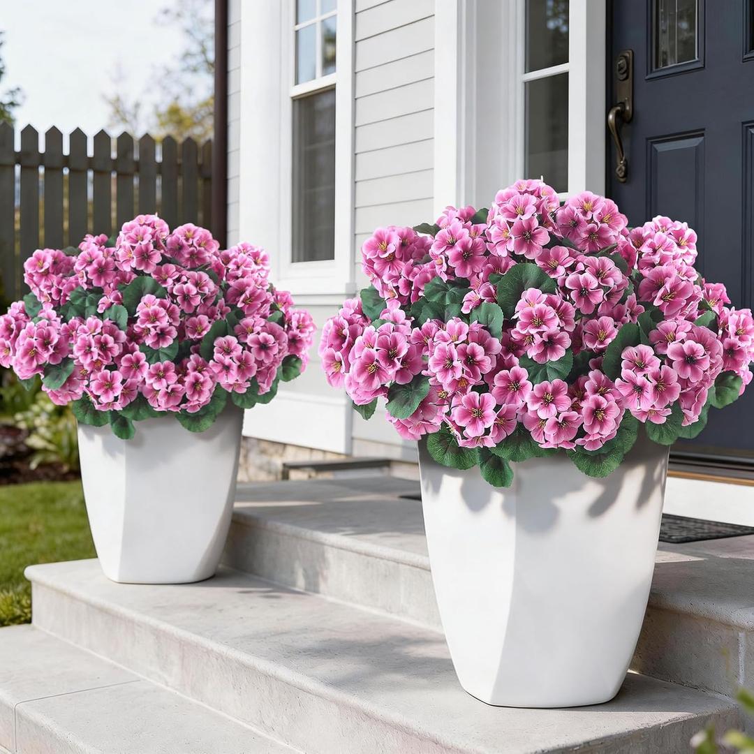 GLIDLION 24 Bundles Artificial Geranium Flowers for Spring Summer Decor, UV-Resistant Fake Plants Realistic Faux Silk Bouquets for Front Door Farmhouse Garden Porch Home Outdoor Decor (Pink)