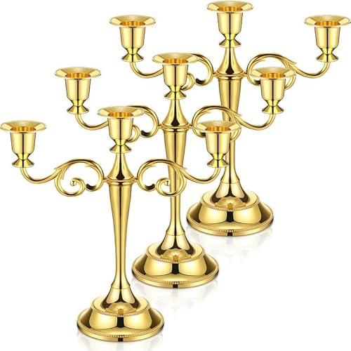 Dandat 3 Pcs 3 Arm Metal Candelabra Candlestick Holders Tall Candlestick Holders Gothic Candle Holder for Home Wedding Church Christmas Party(Classic,10.24 Inch,Gold)