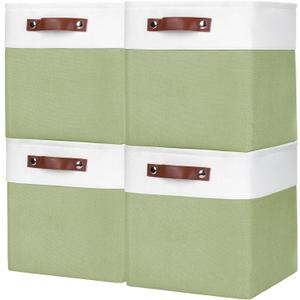 Bagnizer Collapsible Fabric Storage Cubes 11x11 Cube Storage Bins, 4 Pack Closet Baskets Box with Handles for Organizing, Shelf, Toys, Clothes, Home, Office, Nursery (Green&White)