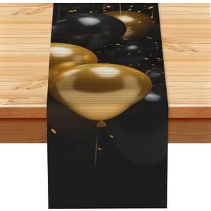 Black and Gold Ballons Table Runner 13x72Inch Linens Burlap Table Runner Spring Summer Table Decoration Boho Farmhouse Tablerunner for Kitchen Party Decor Tablecloth (One Size)