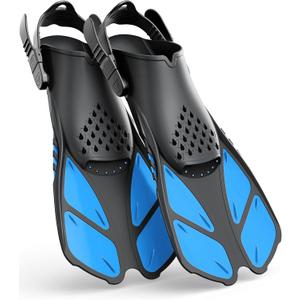 Greatever Snorkel Fins Adjustable Buckles Open Heel Swim Flippers Travel Size Short Swim Fins for Snorkeling Diving Swimming Adult Men Womens (Bright Blue, L/XL (Adult US Size 9-13))