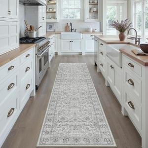 HUGEAR 2x8 Runner Rug Hallway Machine Washable Grey Vintage Floral Low Pile Carpet Distressed Long Throw Rug Bedroom Office Bathroom Kitchen Laundry Non Slip Soft Lightweight