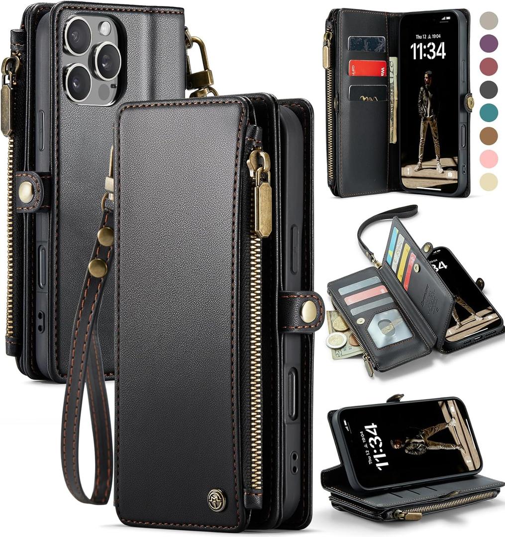 Defencase Compatible with iPhone 16 Pro Case Wallet with RFID Blocking Card Holder for Women Men, Soft PU Leather Magnetic Snap Flip Zipper Strap Wallet Phone Case Fit for iPhone 16 Pro 6.3", Black