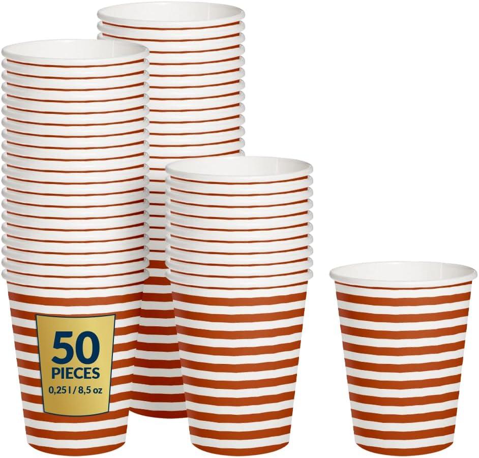 PAW - Disposable Paper Cups (8,5 oz, 50-Pack), Hot & Cold Paper Coffee Cups, Drinking Cups with Orange Stripes Theme for Party, BBQ, Garden Party, Picnic