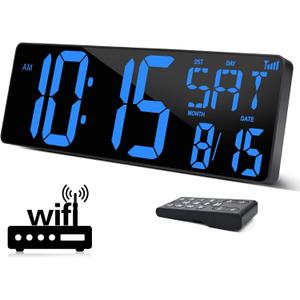 XREXS Large Digital Wall Clock WiFi Sync, 16.5 in Large Display Wall Clock with Temperature/Date/Week, LED Big Digital Timer Clock with Remote Control, Alarm Clock for Home and Office, Auto-dimming