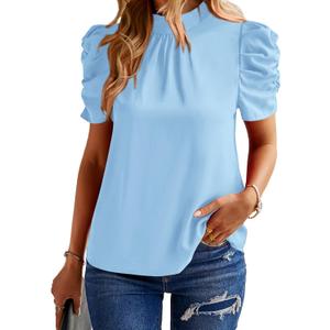 BTFBM Womens Tops 2026 Dressy Casual Blouses Summer Spring Clothes Mock Neck Short Sleeve Shirts Business Work Fall Outfits (Blue, S)