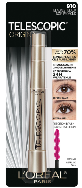 L'Oreal Paris Makeup Telescopic Original Lengthening, Lash Separating Mascara with Dual Precision Brush, Washable, Blackest Black, 0.27 Fl Oz., 1 Count