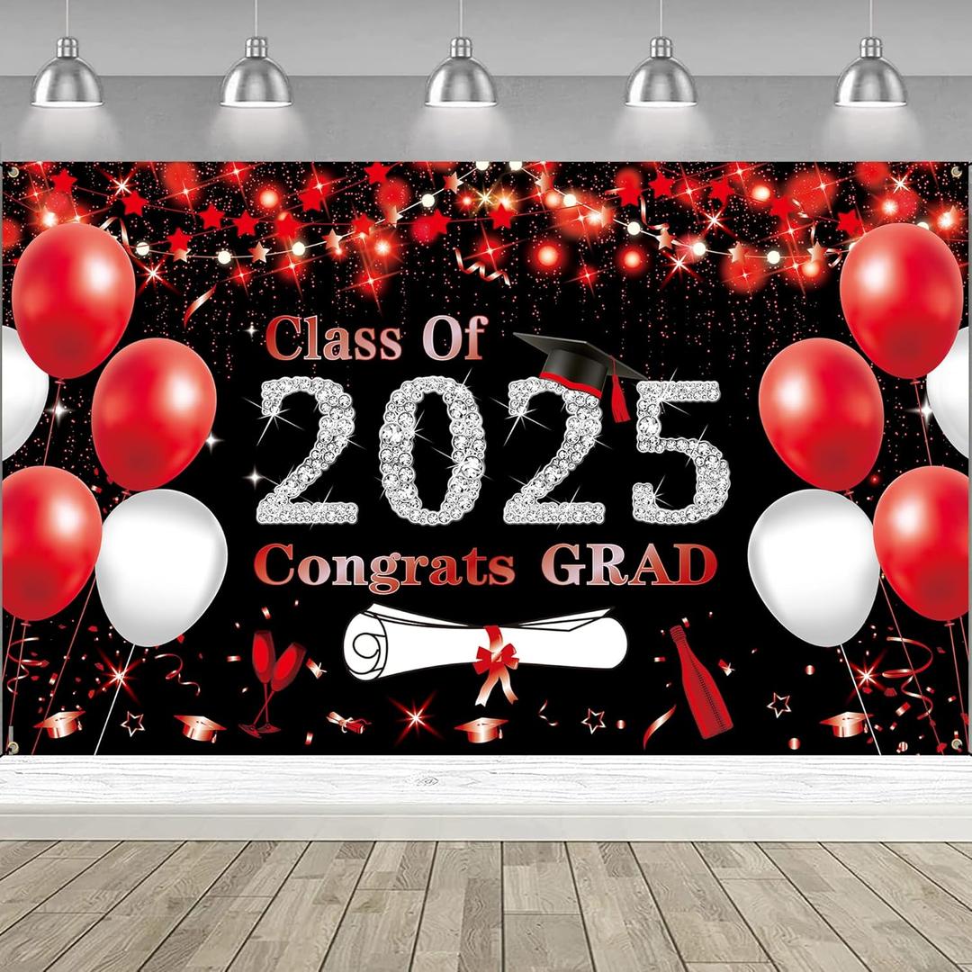 DARUNAXY Black Red Graduation Party Decorations, Red 6x3.6ft Red Class of 2025 Graduation Banner for Men Women 2025 Congrats Grad Party Supplies Masters Congratulations Graduates Backdrop Party