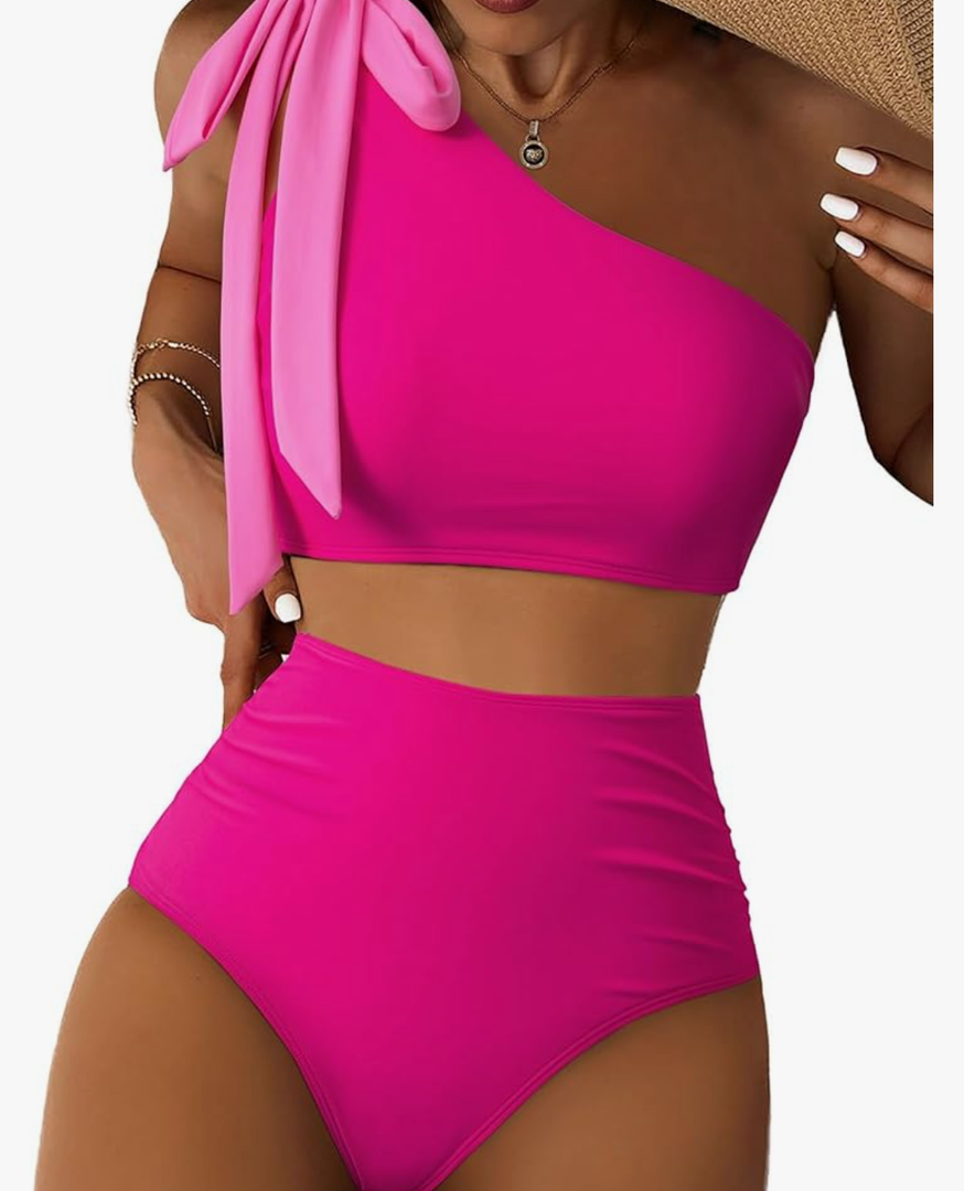 Herseas Women's One Bow Shoulder Bikini Sets 2 Piece Ruched Swimsuit Elegant Bathing Suit Size S