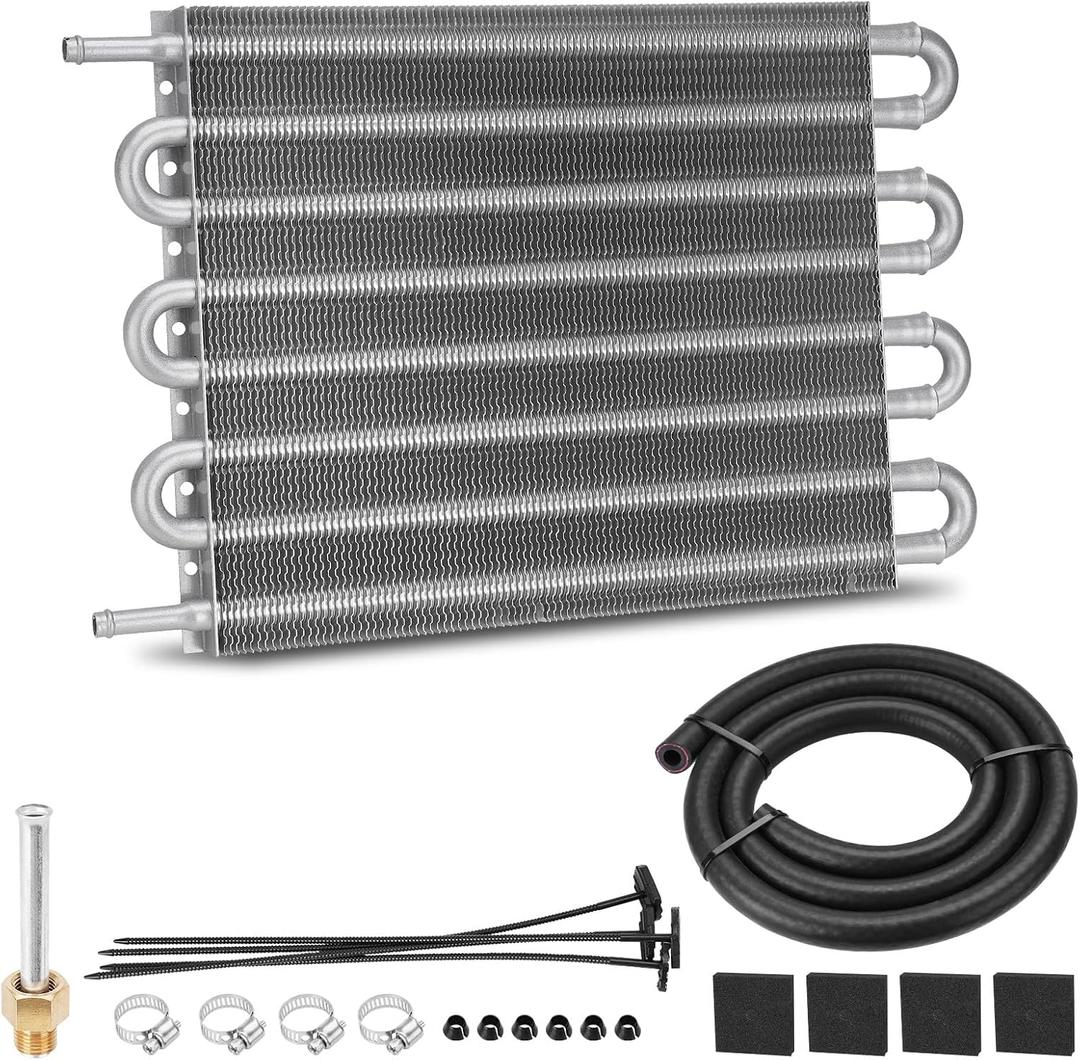 8 Pass Aluminium Transmission Oil Cooler, 5/16" Universal 8 Rows Tube amd Fin Cooler Kit engine with Hose Mounting, Silver