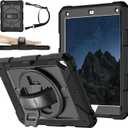 MENZO Shockproof Case for iPad 5th Gen/6th Gen/Air 2/Pro 9.7-inch with 360 Swivel Stand, Pencil Holder, Detachable Hand and Shoulder Strap, Black