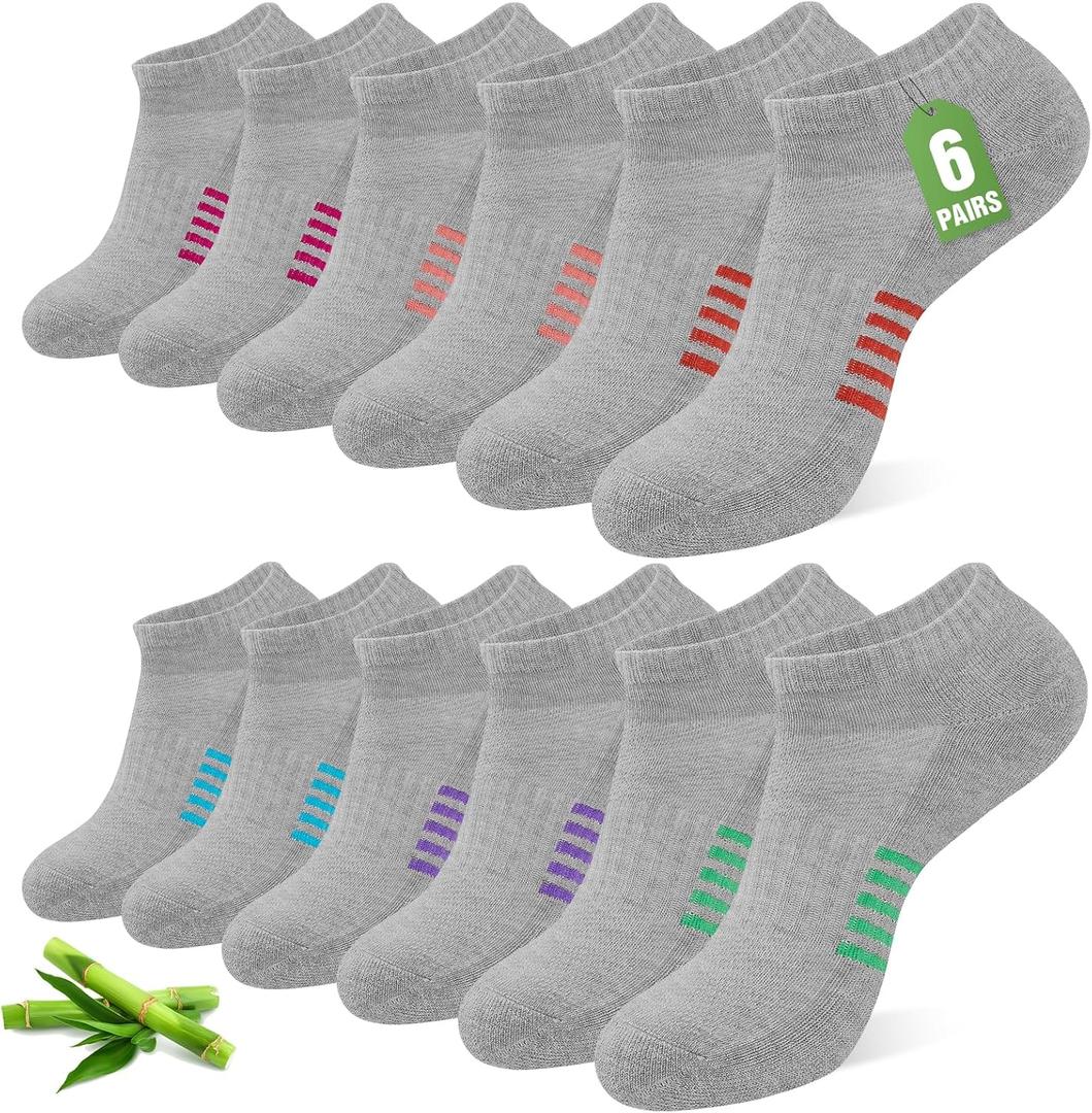 Ankle Socks for Women, 6/12 Pairs Bamboo Viscose Breathable Cushioned Moisture Wicking Athletic Running Casual Low Cut Socks (5-8, Multicolored Gray)