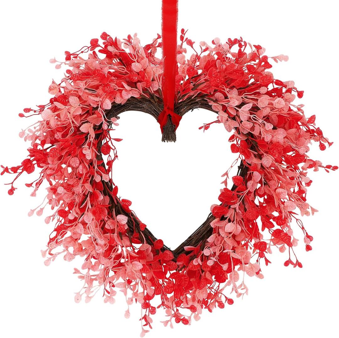 Aneco Valentines Day Heart Wreath 22 Inch Red and Pink Artificial Floral Wreath with Ribbon Door Wall Window Hanging Decor for Wedding Anniversary Holiday
