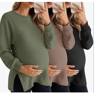 Sweetyweee 3 Pack Women's Maternity Shirts Long Sleeve Waffle Knit Side Split Oversized Tops Pregnancy Clothes Fall Tees(Army Green, Coffee, Black,Medium)