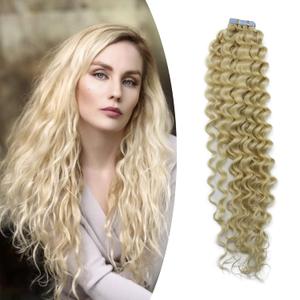 Invisible Seamless Tape in Hair Extensions Skin Weft Curly Remy Human Hair Platinum Blonde 18inch,20Pcs