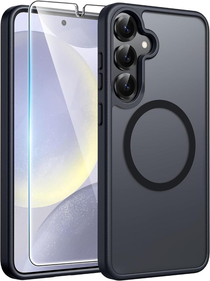 Samsung Galaxy S25/S24 Case, Fit for Magsafe, Screen Protector
Translucent Matte Magnetic Back, 14FT Military Grade Drop Protection, Shockproof Protective Phone Cover, Black