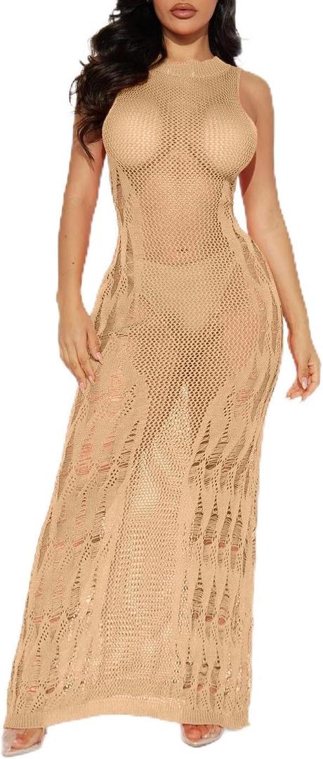 Eddoyee Women Swimsuits Cover Ups Sleeveless Knitted Dress Long Beach Swimwear Sexy Causal Bikini Coverup (Khaki) One size