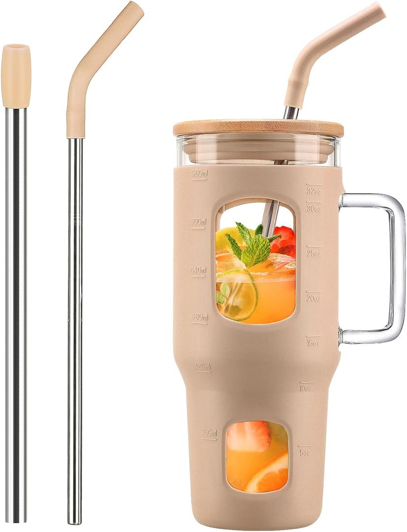 Glass Tumbler with Lid, 32 oz Glass Cup with Handle, Glass Water Bottles with Time Marker, 2 Straws - Pearl Straw & Silicone Protective Sleeve - Amber