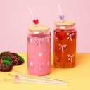8 Pcs Reusable Glass Straws with Cleaning Brushes Pink Bow Glass Straws Shatter Resistant Straw Coquette Party Decor Bow Party Pretty Bachelorette Decor Bridal Engagement Drinkware (Purple)