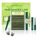 KEYYOU Lash Extension Kit 3D Effect Volume Lash Clusters Flaunt Style 144PCS D Curl Waterproof DIY Kit Flora Inspired Wispy Look LengthLock 818mm Ultra-Thin Black Band (PuffSilk V3D01 Kit)