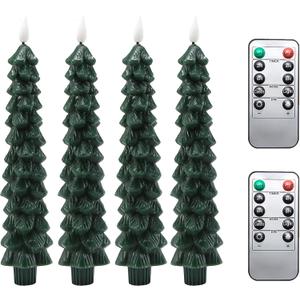 Fo32won Christmas Tree Shaped Flameless Candlesticks Battery Operated with Remote and Timer, Set of 4 Real Wax LED Taper Candles with 3D Flickering Wick for Christmas Decoration Gift