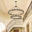 47" Black Wagon Wheel Chandelier, 2 Tiers 36-Light Large Farmhouse Chandelier for High Ceilings, Industrial Hanging Pendant Lights for Kitchen Island Dining Room Living Room Staircase Foyer Entryway