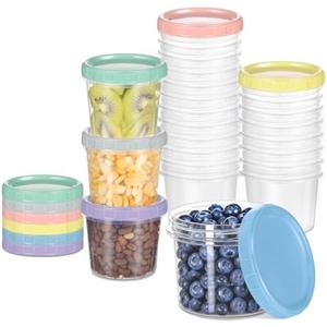 Yomarket 24pcs 10 oz Plastic Containers with Screw Lids, Reusable Clear Food Storage Containers with Pen and Brush for Snack Salad Fruit, Leakproof Small Freezer Container, Microwave & Dishwasher Safe