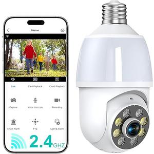 52HZ 2K Light Bulb Security Camera, 2.4GHZ WiFi Lightbulb Security Cameras Wireless Outdoor Indoor, TwoWay Talk, Human Detection, Color Night Vision, Light Socket Security Camera Work with Alexa