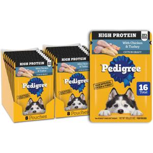 Pedigree High Protein Dog Food, Adult Wet Dog Food Pouches, Chicken & Turkey, 3.5 oz. Pouches, 16 Count BBD: 03-2026