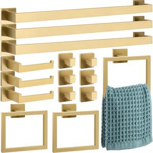 Gisafai 15 Pcs Bathroom Hardware Accessories Set 23.6 Inch Bath Towel Bar Kit Stainless Steel Bathroom Hardware Set Towel Racks Ring Hooks Paper Holder for Wall Mounted (Brushed Gold)