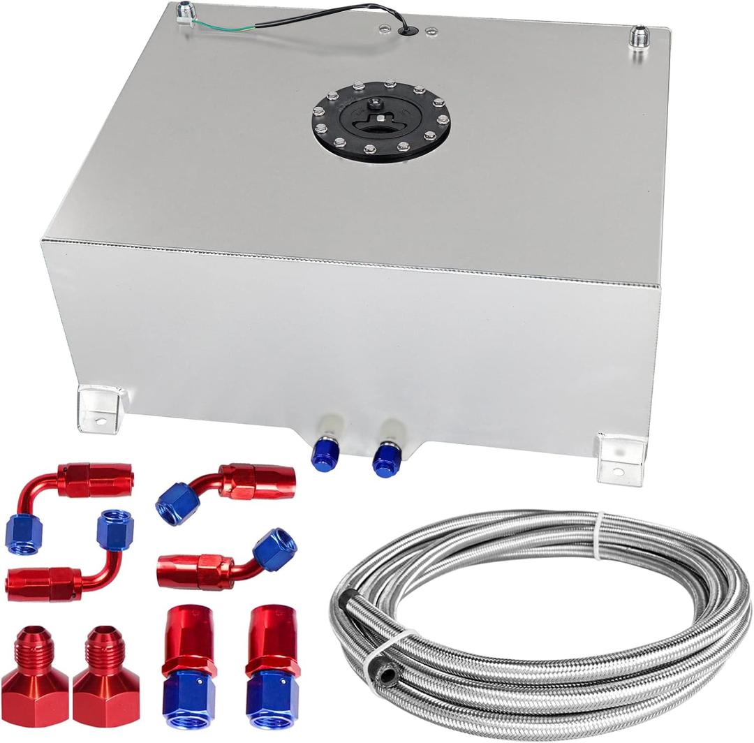 Universal 20 Gallon 80L Fuel Cell Polished Aluminum Fuel Tank with Cap/Level Sender/12FT Oil Feed Line Silver