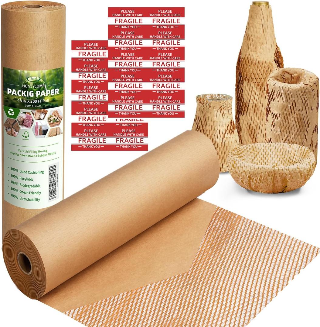 Honeycomb Packing Paper Wrap 15"x200' Sustainable Alternative to Bubble Cushioning Wrap for Moving/shipping/packing Roll with 20 Fragile Sticker Biodegradable & Fully Recylable (Brown)