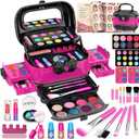 Hollyhi 58 Pcs Kids Makeup Kit for Girl, Princess Toys Real Washable Cosmetic Set with Mirror, Kids Makeup Sets for Girls, Play Make Up Birthday Gifts for 3 4 5 6 7 8 9 10 11 12 Years Old Kid (Rose) (Rose and Black)