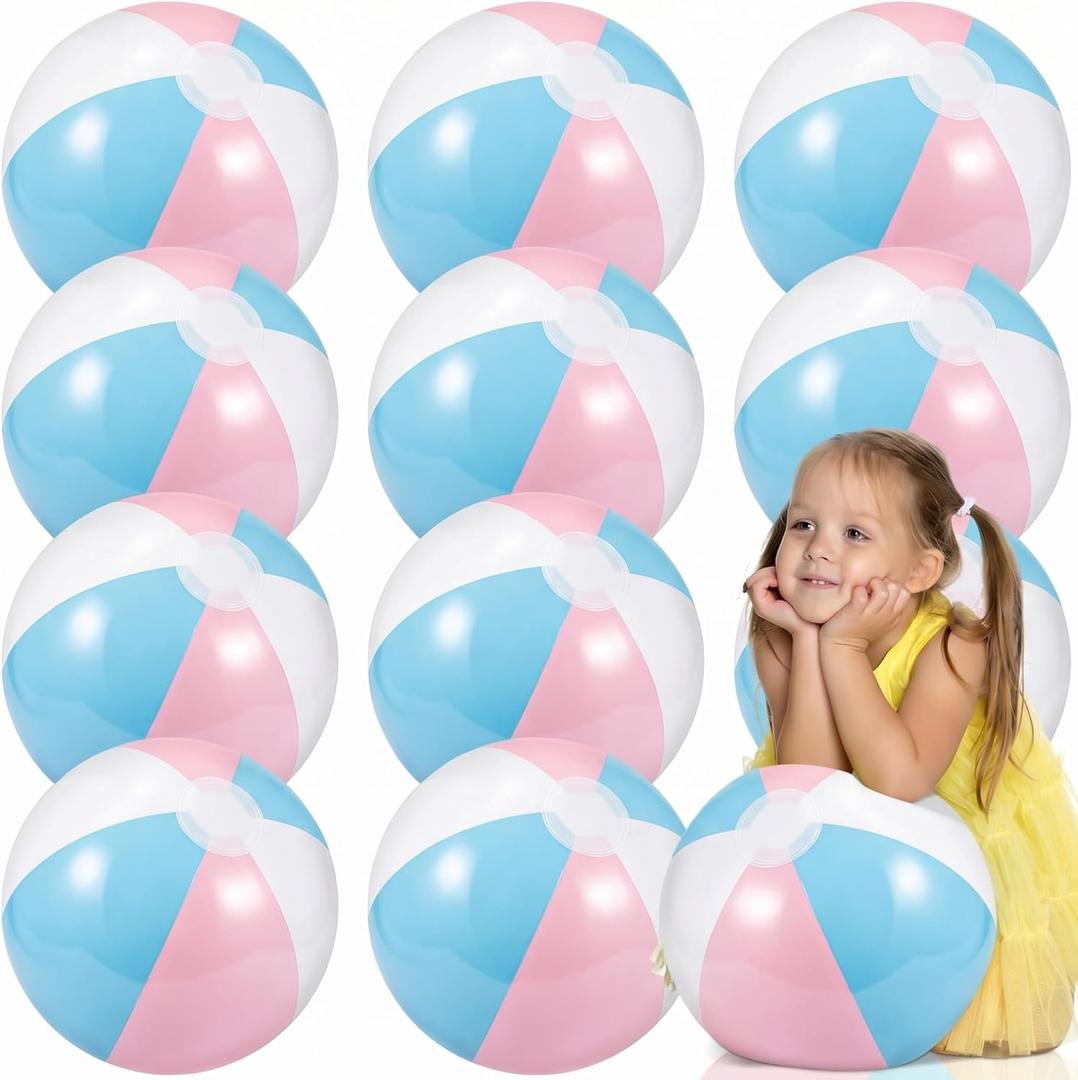 MiniInflat 12 Pcs 16" Pastel Inflatable Beach Balls Bulk Jumbo Macaron Rainbow Beach Balls Blow up Pool Game Toys for Kid Adult Summer Swimming Luau Hawaiian Party Decorations