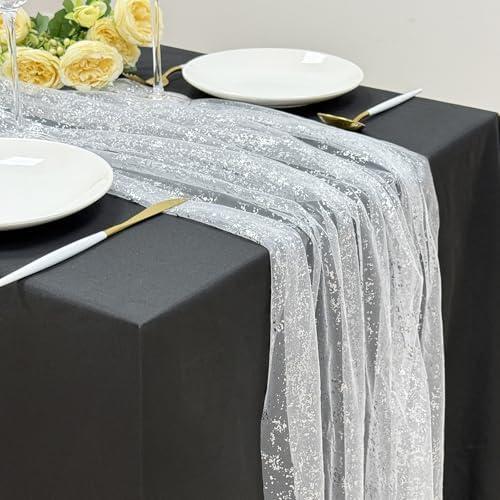 AerWo 10FT Silver Table Runner, Boho Metallic Foil Glitter Sheer Sequin Table Runners 120 Inches Long, Wedding Centerpiece Tables Decorations for Party Supplies Home Birthday Wedding Decor