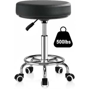 Adjustable Rolling Stool with Wheels 500lb Heavy Duty Round Rolling Stool with Footrest, Patent Leather Drafting Stool Chair with Wheels Work Spa Salon SeatBlack