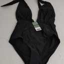 SHEKINI Women's Retro Deep V-Neck Bathing Suit Backless High Waisted One Piece Swimsuit (Medium, Black)