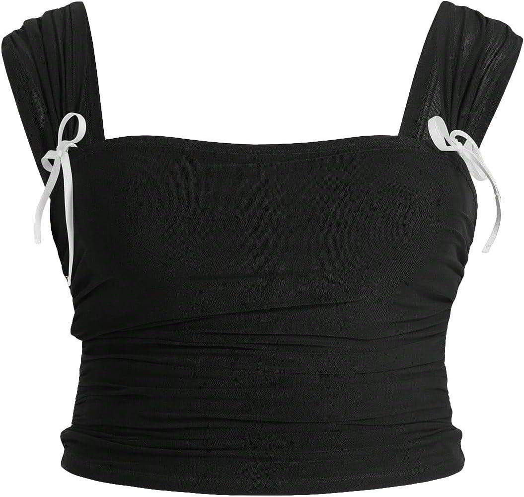 OYOANGLE Women's Plus Size Bow Decor Square Neck Sleeveless Ruched Strap Crop Tank Tops (Black)