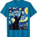Van Gogh Style Starry Night Cute Cat Art T-Shirt (Blue, L)